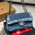 Chanel Classic Double Flap Bag Quilted Printed Denim Medium Blue 25Cm - Image 2
