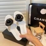 Chanel Black Camellia Slides White - Image 5