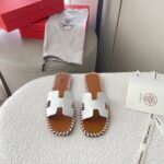 Hermes Oran Sandals Stitching In Brown And White - Image 2