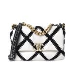 Chanel 19 Flap Bag Crochet Gold And Silver Tone White Black 24Cm AS1160 B04824 C0200