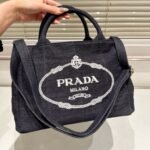 Prada Logo Printed Denim Tote Bag Black 26Cm - Image 3