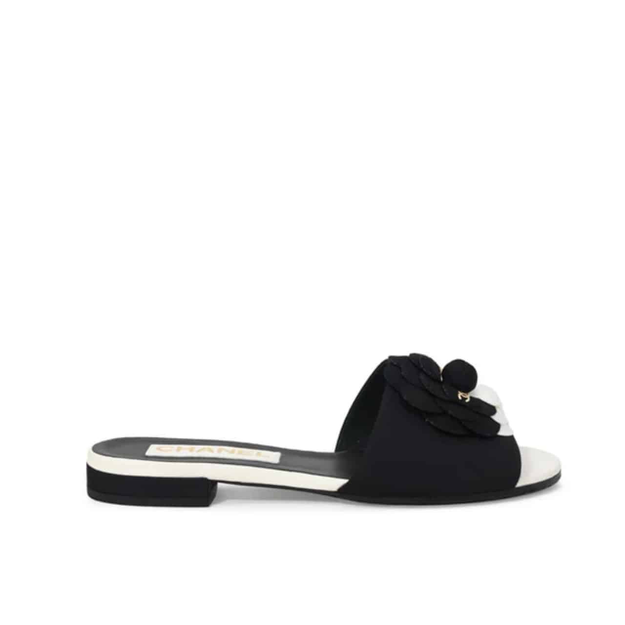 Thumbnail-42-5 Chanel Camellia Slides Black White - Image 1